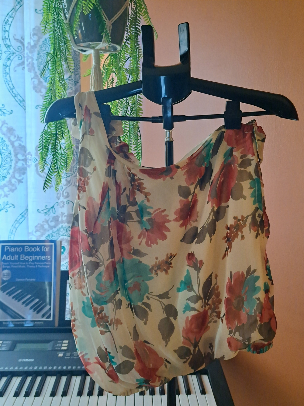 Floral Cream Chiffon Camisole with Teal & Coral Blooms